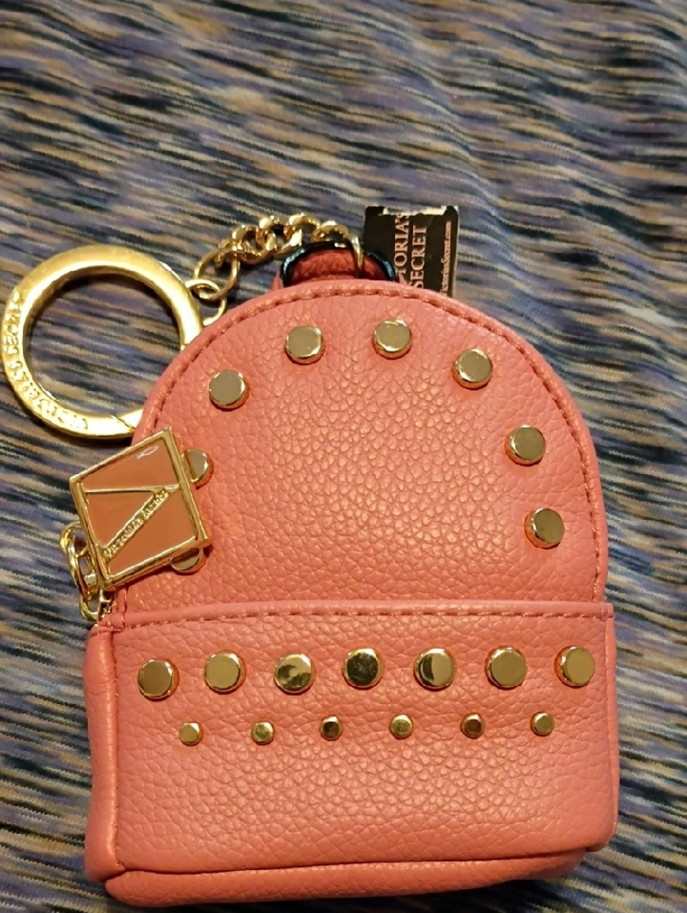 Victoria's Secret Pink Mini Backpack Keychain - Coral Pink with Gold Studs
